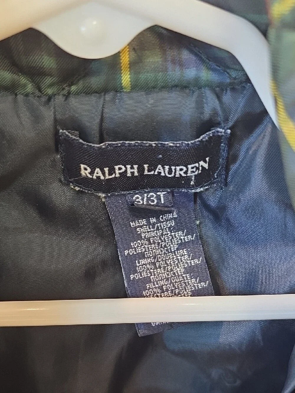 Ralph Lauren Quilted Plaid Puffer Jacket in Navy w/ Yellow & Red Accents 3T